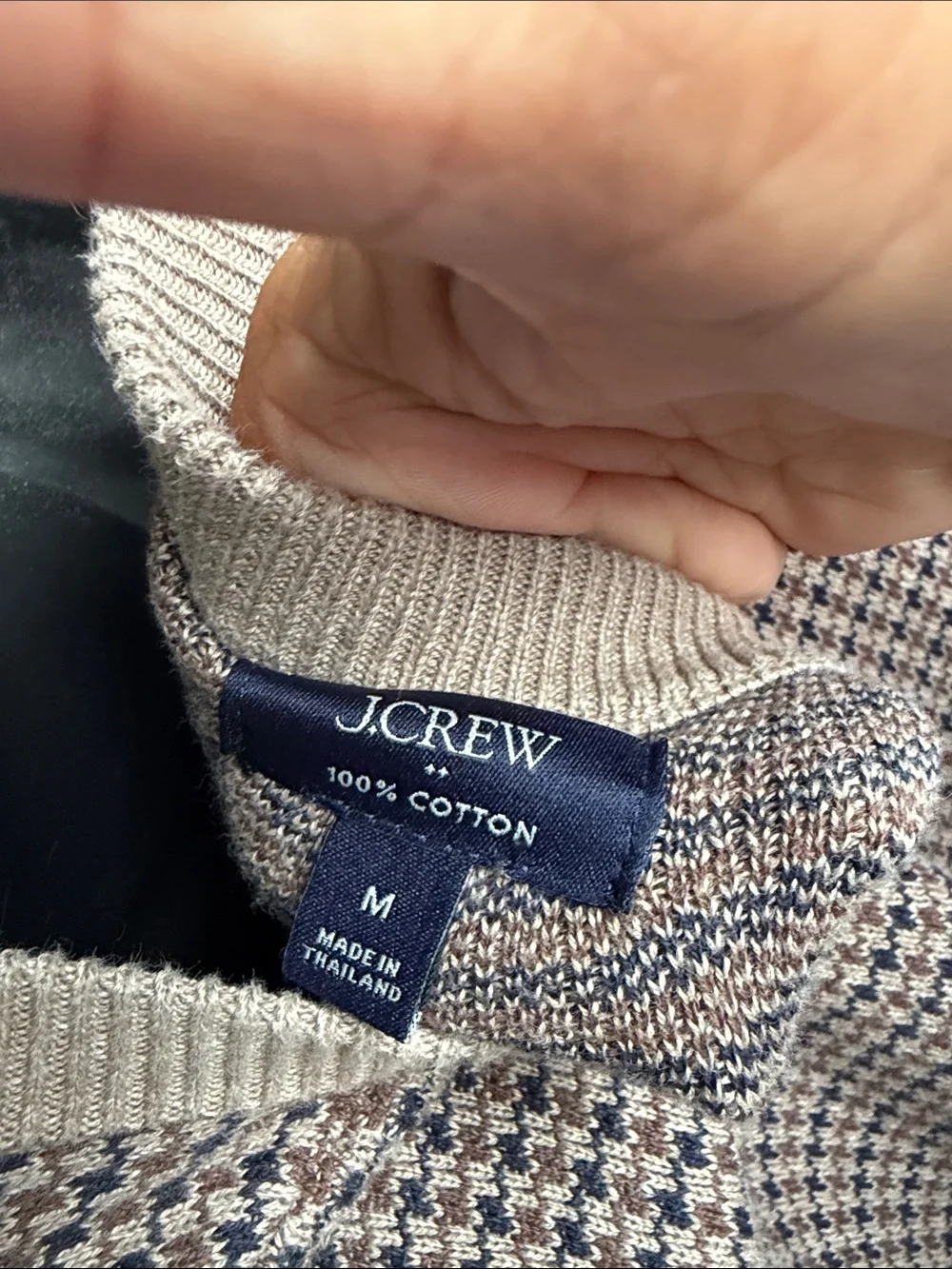 J Crew Houndstooth Sweater Mens M Brown Beige Cotton Knit Crewneck Pullover